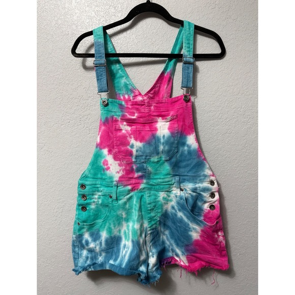 HT Denim Denim - HT Denim Tie Dye Shortalls Pink Teal Blue Stretch Denim Overalls Womens Large